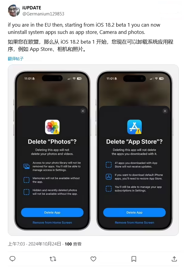 高坪苹果手机维修分享iOS 18.2 支持删除 App Store 应用商店 